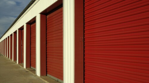 Red storage doors in a straight line 